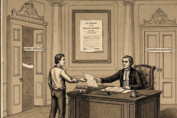 La Vía Gubernativa en Colombia: Mecanismo de Defensa Ciudadana An old-style engraved illustration, black and white or sepia tone, depicting a Colombian citizen handing a petition to a serious-looking government official behind a large desk, in a grand neoclassical building symbolizing a government office. Scrolls and legal books are piled on the desk. On the wall behind the official, a framed document labeled "Ley 1437 de 2011" is visible. In the background, two doors: one labeled “Recurso de Reposición” and the other “Recurso de Apelación”, with paths leading from each door. The citizen looks determined but respectful. Include old-style lettering banners reading “Vía Gubernativa” at the top. Etching or ink drawing style similar to 19th-century legal illustrations. Atmosphere of formality, justice, and procedure.
