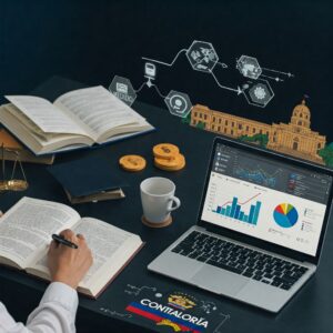 imagen que representa visualmente los conceptos de control fiscal, auditoría y preparación para un examen de servicio público en Colombia:La imagen incluye elementos como libros, un computador, gráficos y símbolos de transparencia, con sutiles referencias a la Contraloría General y estándares internacionales.